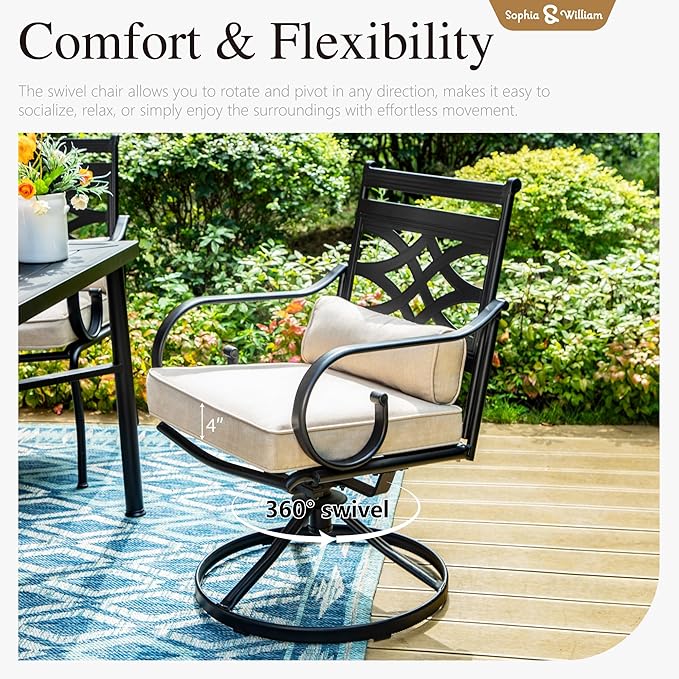 Sophia & William Swivel Patio Dining Set for 6, Outdoor Table and Chairs, Removable Seat Cushions, 60" Black Patio Dining Table
