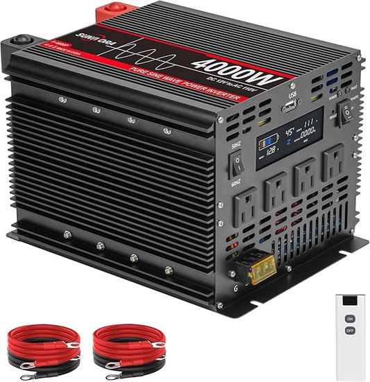 4000 Watt Pure Sine Wave Power Inverter with LCD 12V DC to 110V/120V AC Peak Power 8000W Car Power Inverter with 4 AC Outlets & 1 USB Port & Remote Control for Truck RV Car Solar System