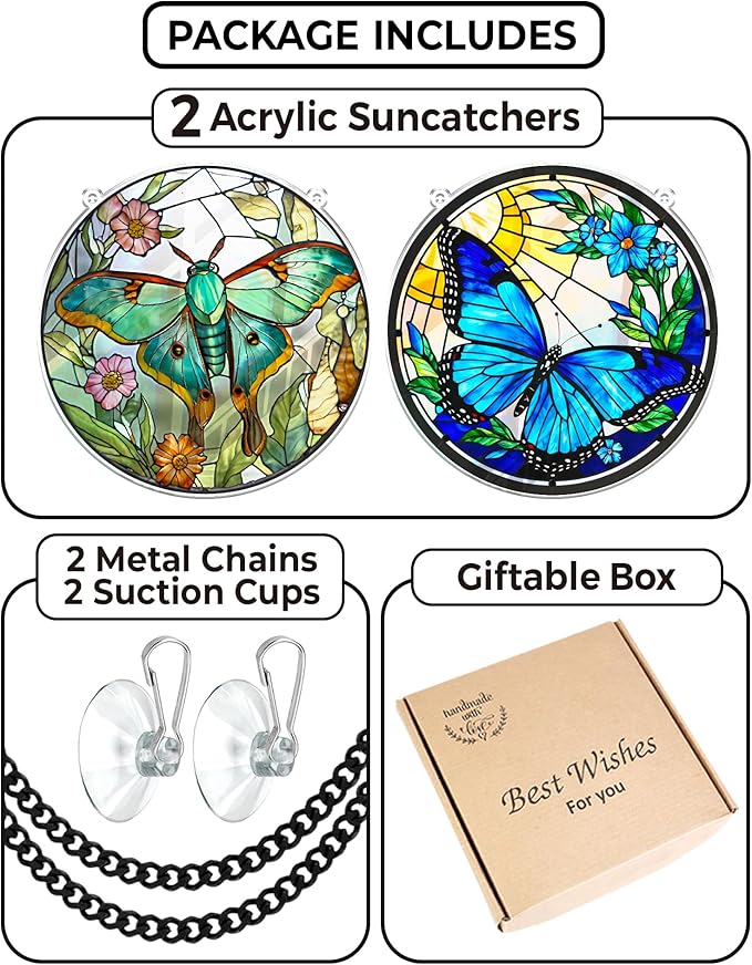2 Luna Moth Butterfly Acrylic Suncatcher, Art Decor for Home, Suncatcher for Window Hanging, Indoor, Garden, Housewarming, Gift for Mom, Grandma, Women, Friend, Bird Lover SCB-A6-B5
