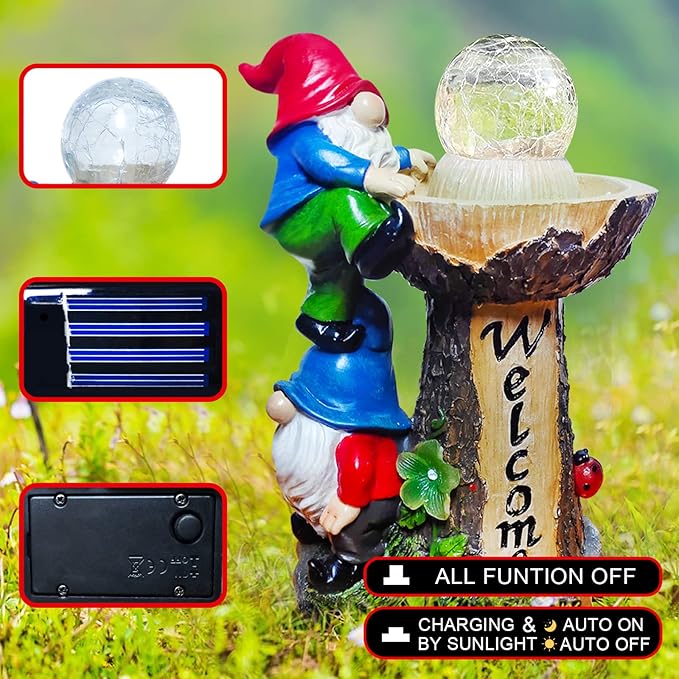 Garden Gnome Statues, Garden Statues for Outside with Solar LED Lights,10.4 in Funny Double Gnomes Sculptures Outdoor Decorations for Yard, Ideal Gnomes Gifts for Women/Grandma/Mom
