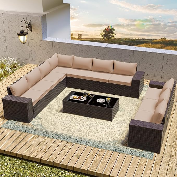 Outdoor Patio Furniture Set, 12 Pieces Outdoor Furniture All Weather Patio Sectional Sofa PE Wicker Modular Conversation Sets with Coffee Table,10 Chairs & Seat ClipsBrown.