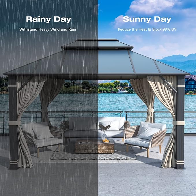 MELLCOM 10x12FT Hardtop Gazebo, Permanent Outdoor Aluminum Patio Gazebo with Aluminum Composite Double Roof for Patio Lawn and Garden, Curtains and Netting Included