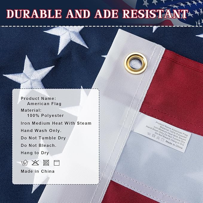 American Flag 3x5 Ft Indestructible Outdoor, Long Lasting, Heavy Duty, TearProof Polyester, Fade Resistant, High Wind US Outside Flags with Embroidered Stars, Sewn Stripes, Brass Grommets