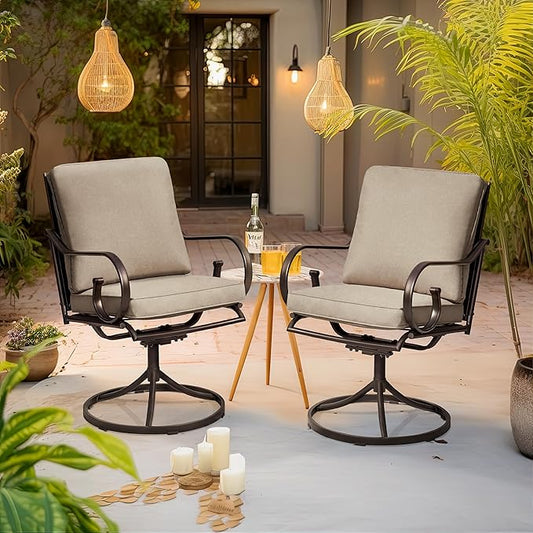 MELLCOM Patio Swivel Chair Set of 2, Heavy Duty Outdoor Dining Chairs with Thickened Cushions, Metal Patio Chairs Gentle Rocker for Outside, Khaki