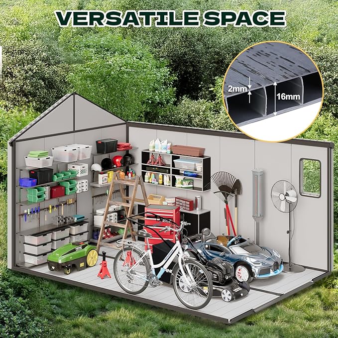 MELLCOM 8 x 12 FT Outdoor Resin Storage Shed with Floor, Garden Storage Shed with Windows and Lockable Door, Resin Tool Shed for Lawnmower, Bike, Pool Supply