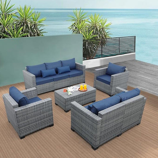 5 Piece Wicker Patio Furniture Sets Outdoor Conversation Set, PE Rattan Sectional Sofa Couch with Storage Table and Non-Slip Navy Blue Cushions, Furniture Covers Included
