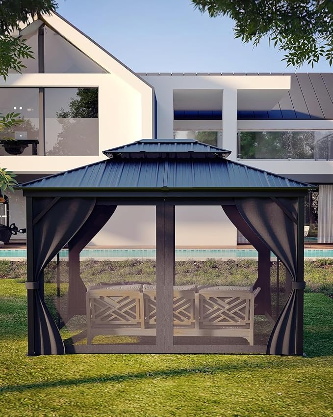 GAOMON Hardtop Gazebo 10'x12' for All Weather, with Double Metal Roof, Aluminum Alloy Frame, Net, and Curtain, Permanent Building of Backyard Luxury for Patio, Deck, Backyard, Lawn, and Garden, Gray