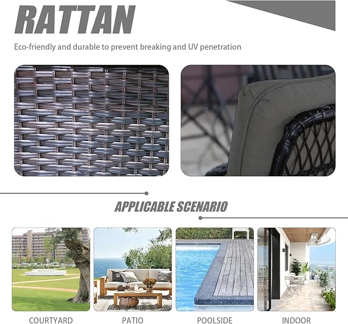 Patio Furniture Set Swivel Rocker, Outdoor Patio Chairs, 3 Piece Suit Porch Furniture Rocking Set, Backyard and Garden Rocker Rattan Chair, with Thickened Cushions and Glass Coffee Table(Grey)