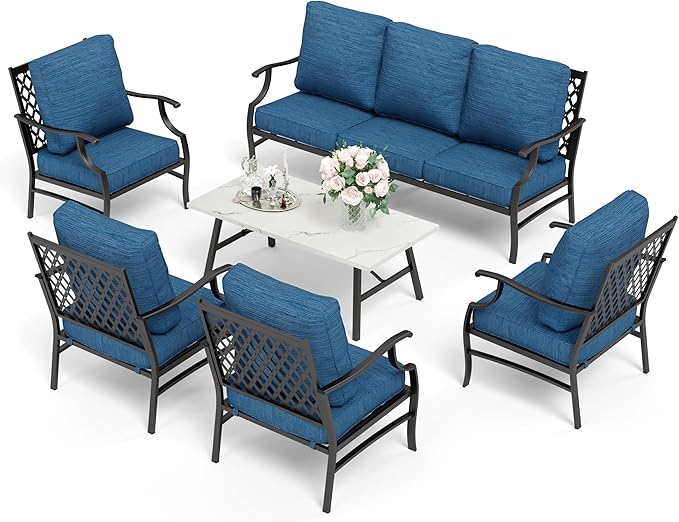 HERA'S HOUSE 6 Piece Patio Furniture Set, 4 x Fixed Metal Cushioned Chair, 1 x 3-Seat Sofa with Marbling Coffee Table, 7 Seats Outdoor Conversation Set for Lawn Garden Backyard, Pacific Blue
