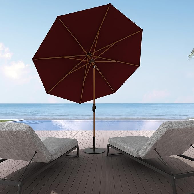 Midtown Umbrellas Sunbrella Umbrella Outdoor Patio Umbrella 2-8 Feet in Burgundy Acrylic Fabric - Auto-Tilt Aluminum Frame For Backyard Umbrella, Deck Umbrella & Porch Umbrella - Wooden Pole