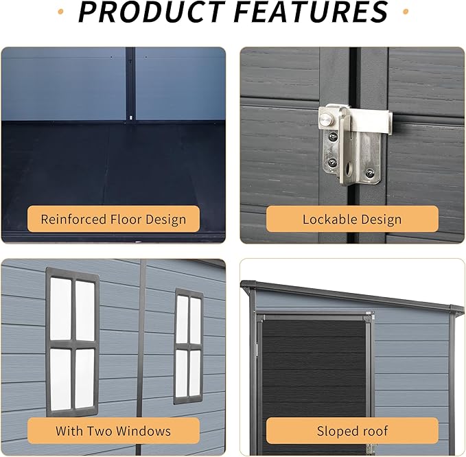 LANTRO JS 4x8FT Plastic Storage Shed with Floor, Outdoor Storage Shed with Floor Included, with 2 Windows and Lockable Door, Backyard Storage Sheds for Garden Tools, Bike, Gray and Black