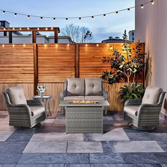 HUMMUH 5-Piece Patio Furniture Set with Fire Pit Table Wicker Outdoor Swivel Rocker Patio Chairs High Back Loveseat Conversation Set for Porch, Backyard, Deck