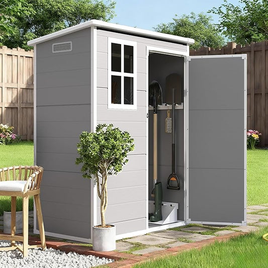 Outdoor Shed 5x3/6x4/7x7/8x6/8x10/8x12 FT, 15MM Thick PP Resin Plastic Shed with Lockable Door & Floor - Waterproof Plastic Tool Shed for Bike, Garbage Can, Backyard, Patio ﻿ ﻿ (Grey, 5X3FT)