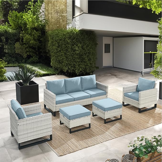 HUMMUH Outdoor Patio Chairs Metal Frame Wicker Dinning Chairs with Side Table 4 inch Seat Cushions Light Blue