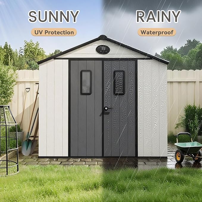 8 x 6 FT Plastic Outdoor Storage Shed with Floor,Garden Resin Shed with Window and Lockable Door, Outside Sheds for Bike, Garbage Can, Tool