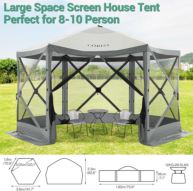 COBIZI 12x12ft Pop up Gazebo on Clearance Screen Canopy Tent for Camping, Camping Outdoor Screened Gazebo with Sidewalls, Portable Hub with Carrying Bag and Ground Stakes, Grey(Upgraded 2.0)