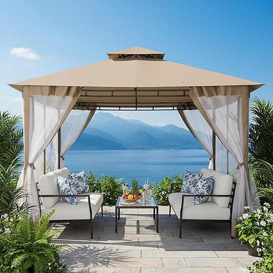 COBIZI Gazebo 10x10 Heavy Duty Gazebos with Improved Nettings Outdoor Gazebo Double Roof Patio Gazebos with Metal Steel Frame Outdoor Canopy for Patio, Deck, Backyard (Khaki)