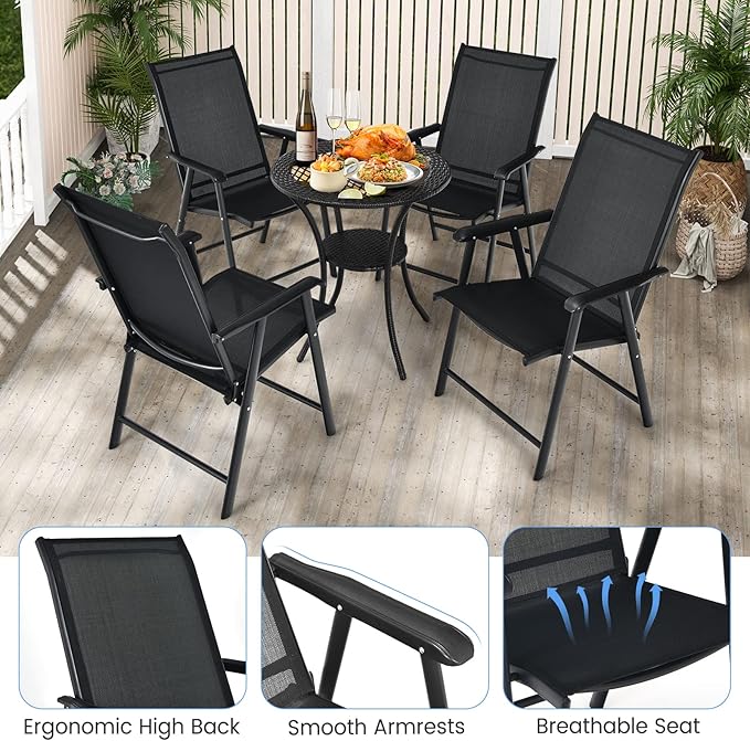S AFSTAR Folding Patio Chairs Set of 6, Metal Textilene Patio Dining Chairs with Armrests, 6 Pack Portable Sling Chairs Outdoor Lawn Chair for Garden Backyard Porch Deck, 330LBS Load (Black)