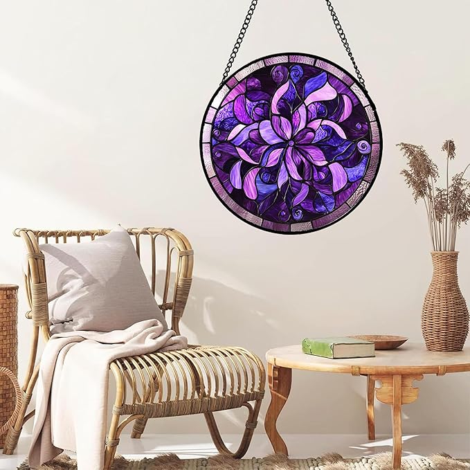 Stained Glass Window Hanging - Purple Abstract Flower Suncatcher for Door Garden Patio Sun Catchers Decor Christmas Mother's Day Birthday Gifts for Women Men Mom Nana Aunt Friend 15 in