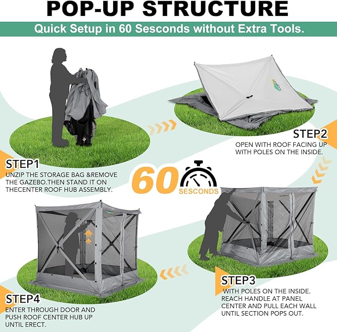 COBIZI 6x6 Pop up Gazebo Tent, Ez up Waterproof Screen Tent Screen House, Portable Outdoor Canopy Sun Shelter with Carry Bag & Ground Stakes for Camping, Garden and Picnics, Gray(Upgraded 2.0)