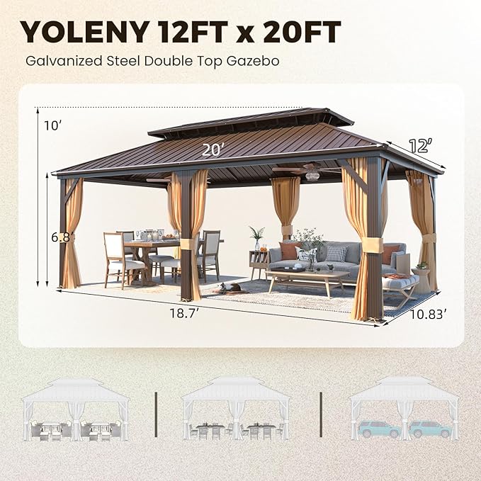 YOLENY 12' x 20' Gazebo Hardtop with Aluminum Frame,Galvanized Steel Double Roof Gazebos with Curtain and Netting,Outdoor Metal Pergolas for Garden, Lawn, Deck, Brown