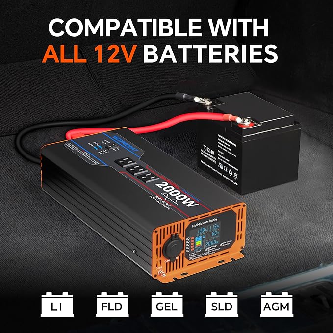 2000W Pure Sine Wave Inverter, Car Power Inverter 12V to 110V 120V, DC to AC Converter Generator with AC Outlets 3.0A USB Type-C, Remote Controller LCD Display Truck Inversor for Vehicles, RV