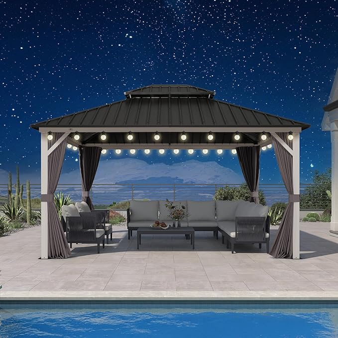 PURPLE LEAF 12' X 14' Outdoor Gazebo Hardtop, Metal Roof White Aluminum Frame Gazebo with Curtain and Netting for Patio, Garden and Backyard