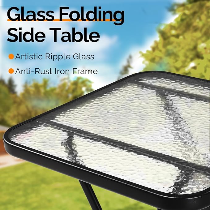 VINGLI Folding Glass Outdoor Side Table, 23.6 Inches Small Foldable Patio Bistro Table with Tempered Glass Table Top for Lawn & Garden, Balcony, Porch and Pool, Rectangular