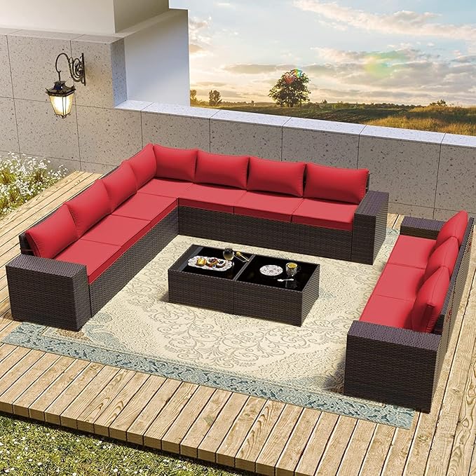 Outdoor Patio Furniture Set, 12 Pieces Outdoor Furniture All Weather Patio Sectional Sofas PE Wicker Modular Conversation Sets with Coffee Table,10 Chairs & Seat Clips Red.