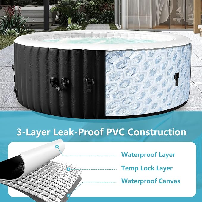 4-6 Person Inflatable Hot Tub, 264Gal Round Portable Blow up Hot Tub, Leak-Proof PVC Outdoor Spa with 130 Air Jets, Heater Pump and Insulated Cover, 82” X 82” X 25