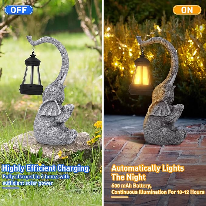 Elephant Statue Solar Garden Decor，Outside Decor Sculptures Statues Lawn Ornaments Art for Home/Patio/Balcony/Front – Unique Gifts for Grandma/Mom/Mother