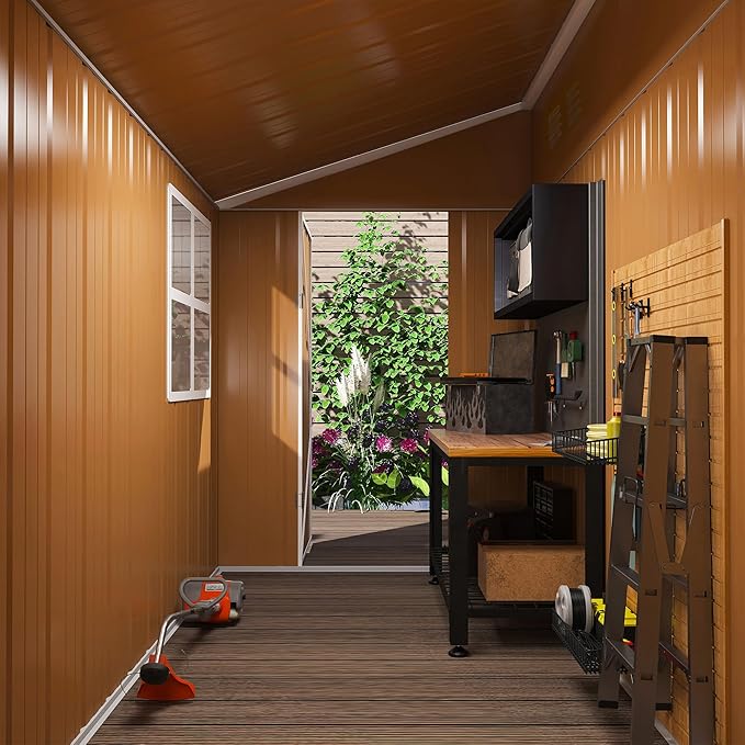 8x4 FT Outdoor Storage Shed, Metal Shed with Floor, Lockable Door, Sloping Roof, All-Weather Lean to Resin Shed for Garden, Backyard, Patio, Lawn (Khaki)
