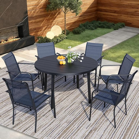 7 Pieces Round Dining Table Set for 6, Patio Dining Set Includes 6 Dark Blue Stackable Patio Chairs and 1 Black Round Table Set of 6, Patio Furniture Sets with Sling Support for Outside, Garden