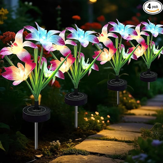 Solar Flowers Lights - Upgraded Outdoor Lily Flowers Lights, 7-Color Changing & Waterproof Outdoor Solar Lights for Garden, Patio, Backyard,Party and Office (Lily, 4)