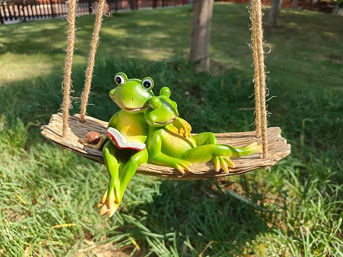 Artisan Flair Hanging Swing Frog Statues - Frog Statues for Garden Outdoors, Reading Book Frog Figurine, Resin Couple Decor for Garden, Balcony, Tree Decoration