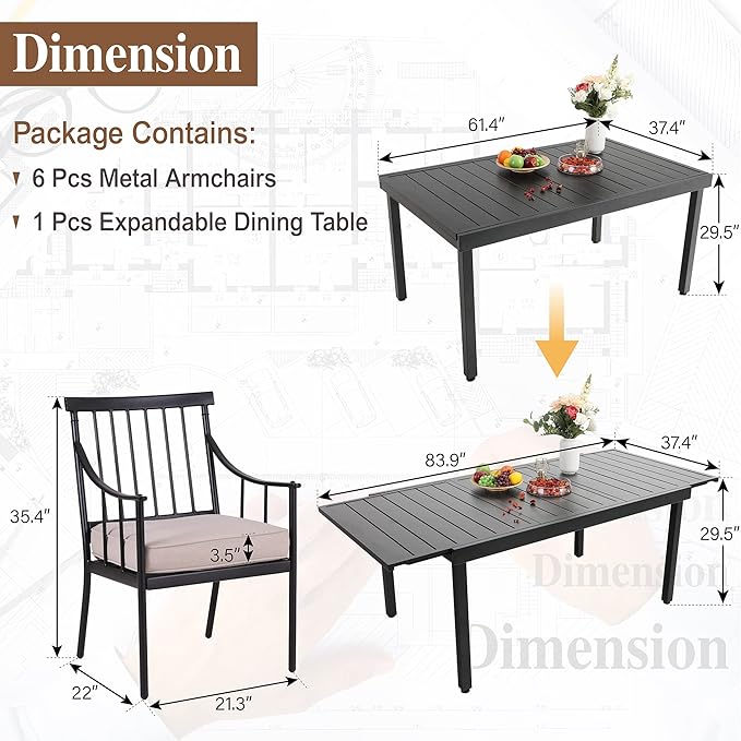 Sophia & William 7 Pieces Patio Dining Set with 6 Metal Chairs and Expandable Rectangular Dining Table for 6-8 People, Outdoor Conversation Furniture Set with Seat Cushions for Porch Yard Deck