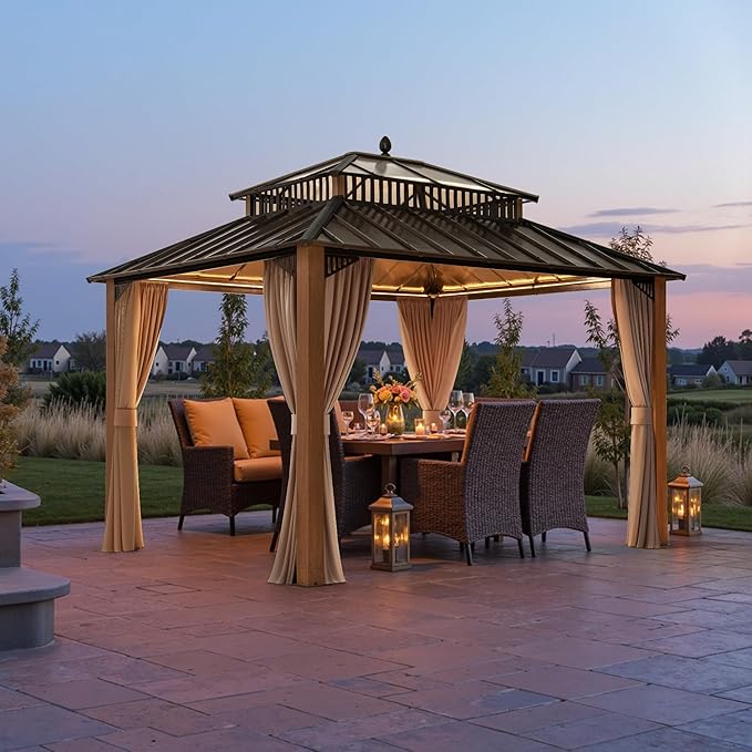 SUNJOY Kingston 12' x 10' Hardtop Gazebo with Galvanized Steel/Polycarbonate Double Roof, Curtain and Netting, Woodgrain Finish Aluminum Posts Permanent Pavilion Gazebo for Garden, Patio, Deck, Lawn