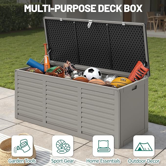 130 Gallon Outdoor Storage Box Lockable Deck Boxe Outdoor Waterproof for Patio Package Delivery Weather-Resistant & Easy Assembled (Gray)