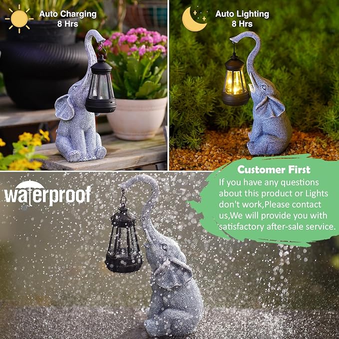 Garden Statues Elephant with Solar Lantern Outdoor Figurines Decorations for Patio Yard Lawn Ornaments Gifts for Birthday Mom Housewarming(Gray)