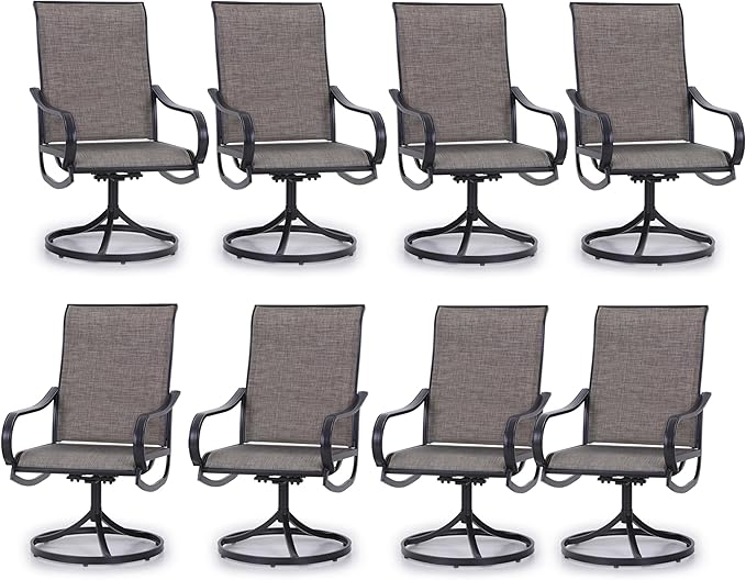 PHI VILLA Patio Swivel Dining Chairs Set of 8, Outdoor Metal Chair with Textilene Mesh Fabric, Gentle Rocker Chair, Black Frame for Deck Lawn Garden