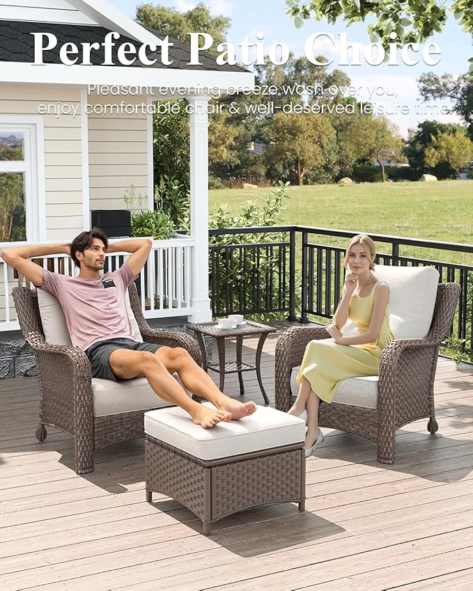 LayinSun 3 Piece Wicker Outdoor Furniture Set with 6-inch Comfy Cushions, High Back Patio Furniture Set with Rattan Armchairs and Side Table