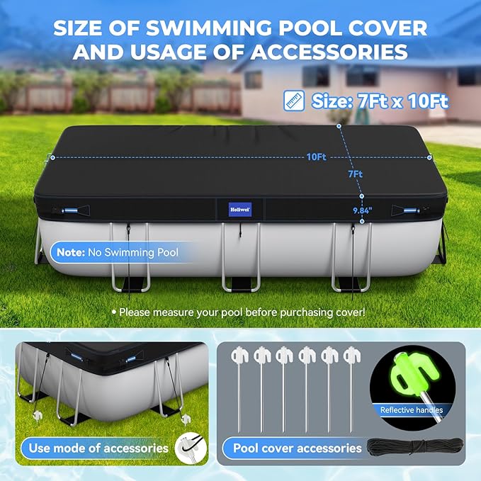7x10 Ft Rectangular Pool Cover with Reflective Strips for Above Ground Pool, 420D Swimming Pool Cover for Rectangular or Oval Frame Pools, Solar Cover with Drawstring and Ground Nails