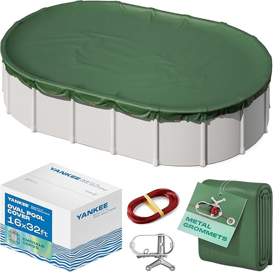 Yankee Emerald Series Pool Covers for Above Ground Pools | Oval 16x32 ft Swimming Pool Cover w/Steel-Core Cable, Winch for Winterization | 9 mil Medium-Thickness for Off-Season, On-Season Protection