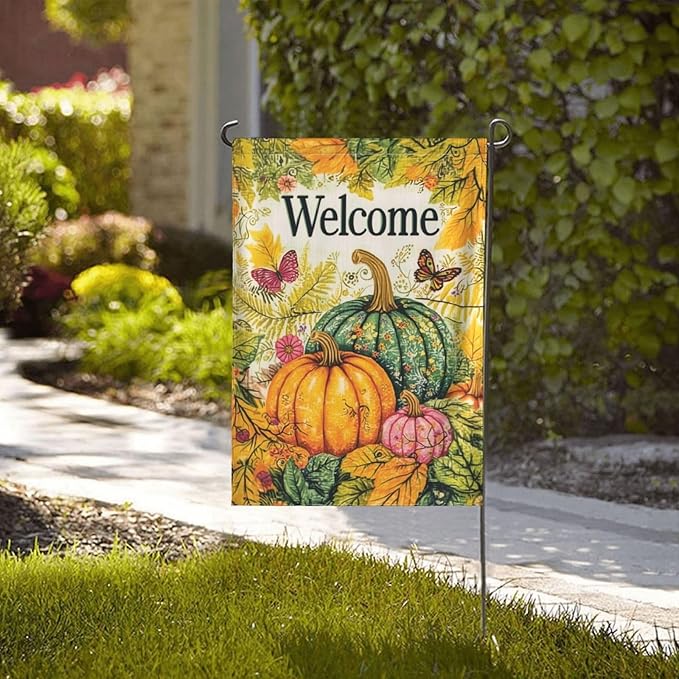Welcome Fall Pumpkin Garden Flag Vertical Double Sided Outdoor Yard Flags 12.5x18 Inch Burlap Banners for House Lawn
