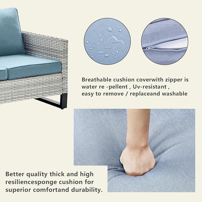 Rilyson Wicker Outdoor Patio Furniture Set - 6 Piece Patio Conversation Set with 2 Armrest Chairs,2 Rattan Ottoman,1 Couch and 1 Metal Side Table for Outside Porch Deck Backyard(Light Grey/Sky Blue)