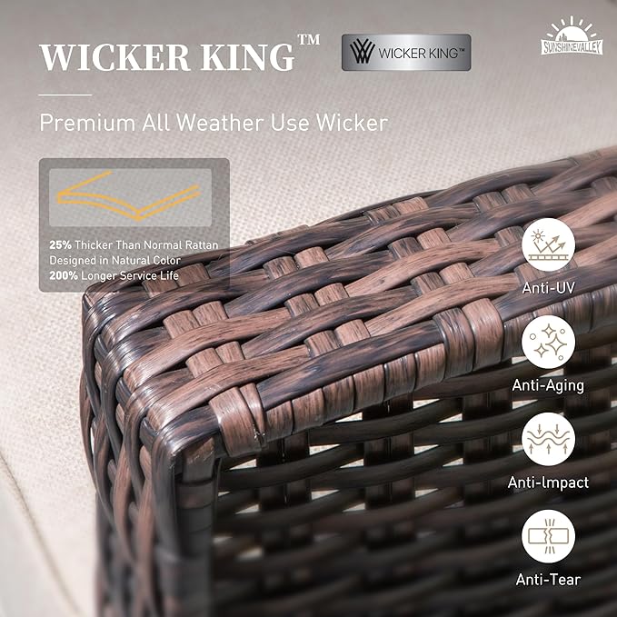 Patio Wicker Swivel Chairs Set of 2, Outdoor High Back Chairs with 5.5" Waterproof Cushions and Side Table, Outdoor Furniture Set for Deck Porch and Yard, Peacock Blue
