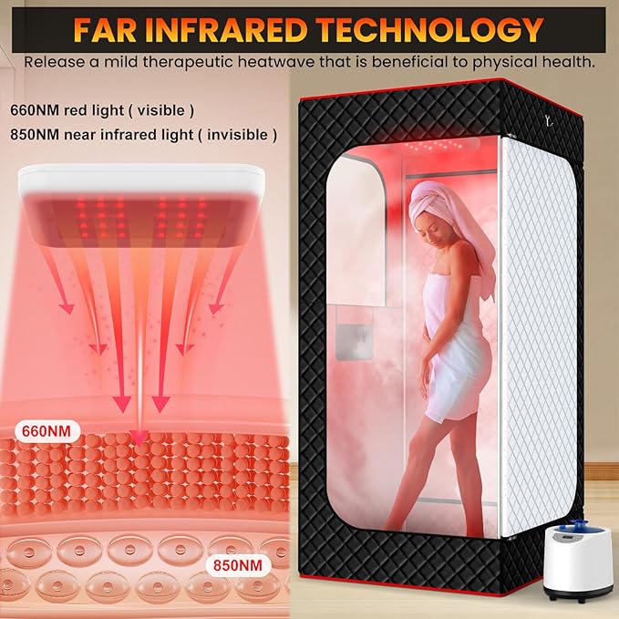 Infrared Home Steam Sauna Box, Portable Personal Full Body Sauna Spa Tent at Home for Relaxation with 660nm Red Light Therapy Lamp, 3L Steamer, Folding Chair, 15 Levels