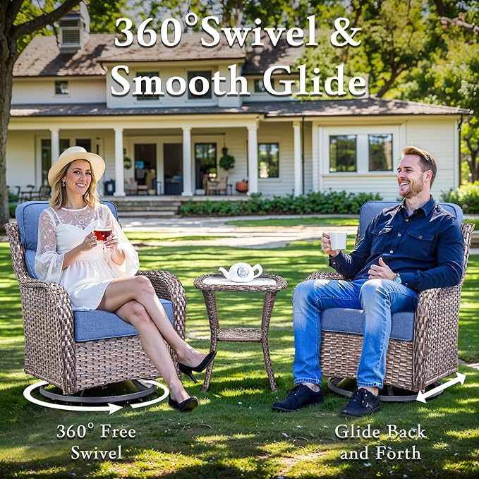 Luxury High Back Outdoor Furniture with 6-inch Extra Thick Cushions, Patio Furniture Set with Swivel Chairs, 8 PCS Wicker Conversation Set for Yard, Deck, Poolside, Brown/Blue