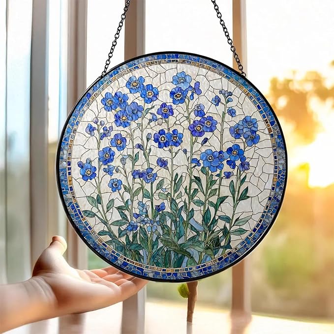 Forget-Me-Not Suncatcher -7.9 in Stained Glass Window Hanging Sun Catcher Garden Decor