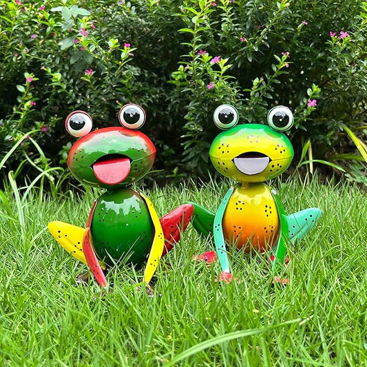 Metal Garden Decor Yard Art for Outside Set of 2 Cute Small Frogs Lawn Patio Ornaments Backyard Decorations Garden Gifts for Mom - (Yellow,Green)